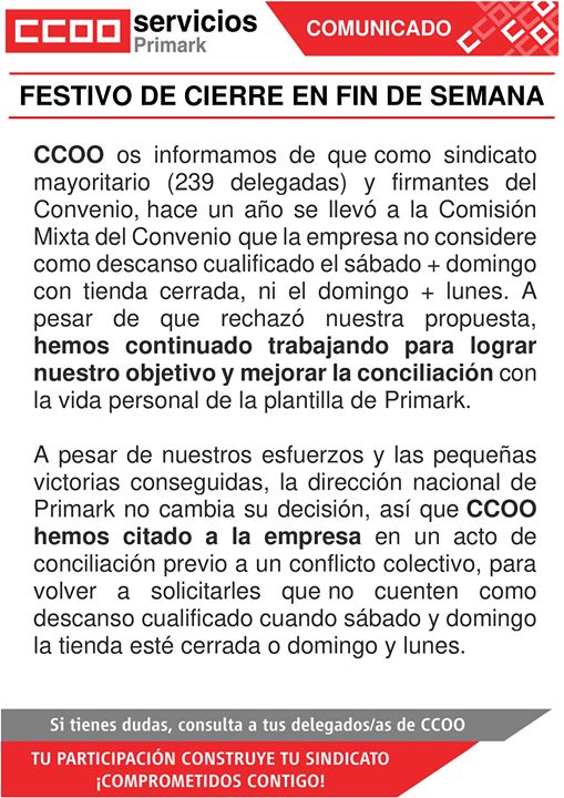 ccoo primark festivos conflicto colectivo