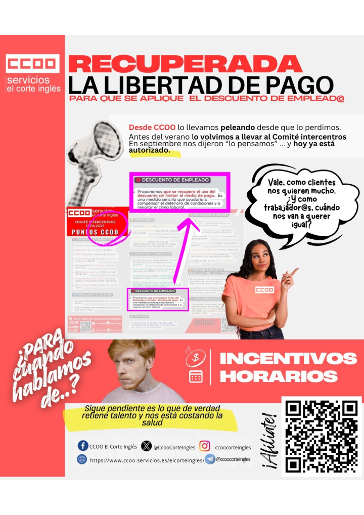 CCOO CCOO ECI DESCUENTO DE PERSONAL RECUPERAMOS LIBERTAD DE PAGO INTERCENTROS