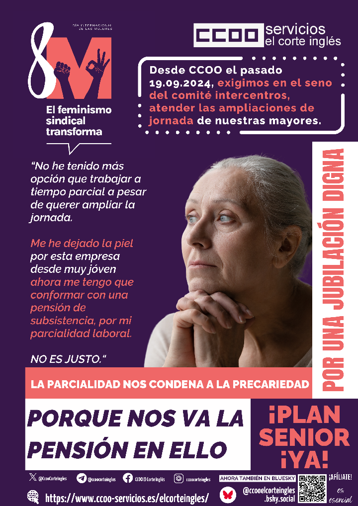 CCOO ECI 8M DÍA INTERNACIONAL DE LA MUJER PARCIALIDAD PRECARIEDAD AUMENTO JORNADA MAYORES MUJERES