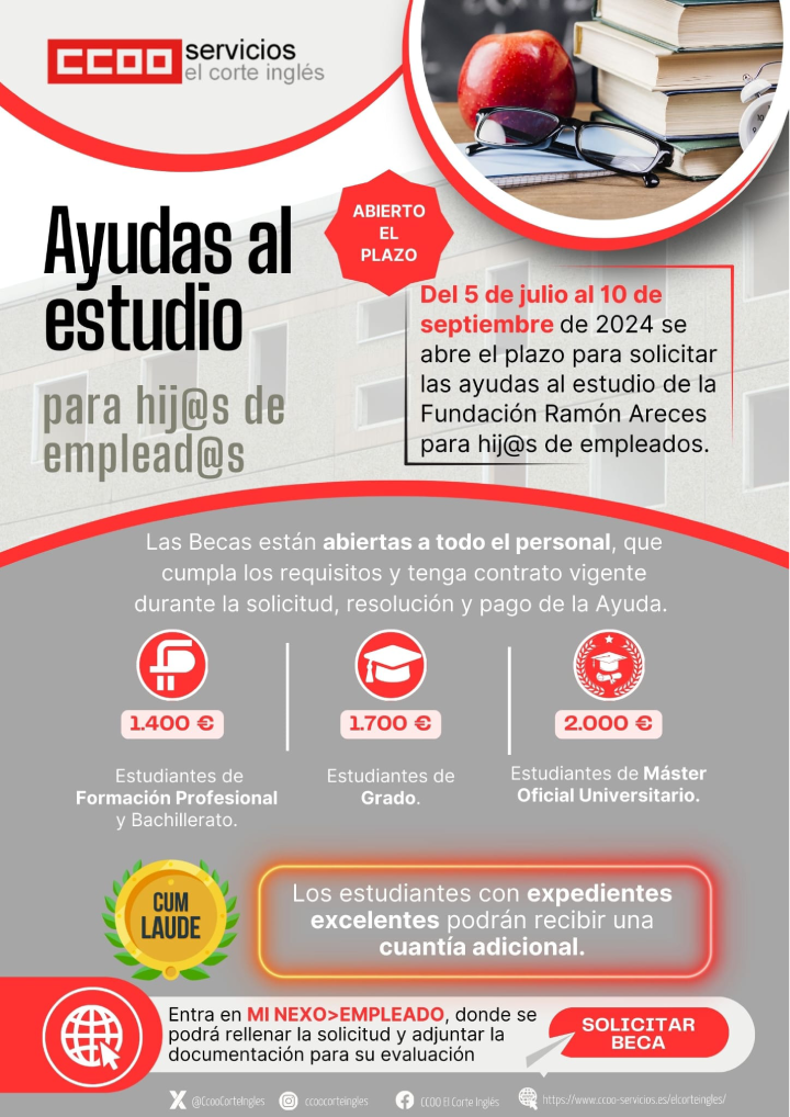 CCOO ECI EL CORTE INGLÉS FUNDACIÓN RAMÓN ARECES AYUDAS AL ESTUDIO PARA HIJOS DE EMPLEADOS BECAS BECA 