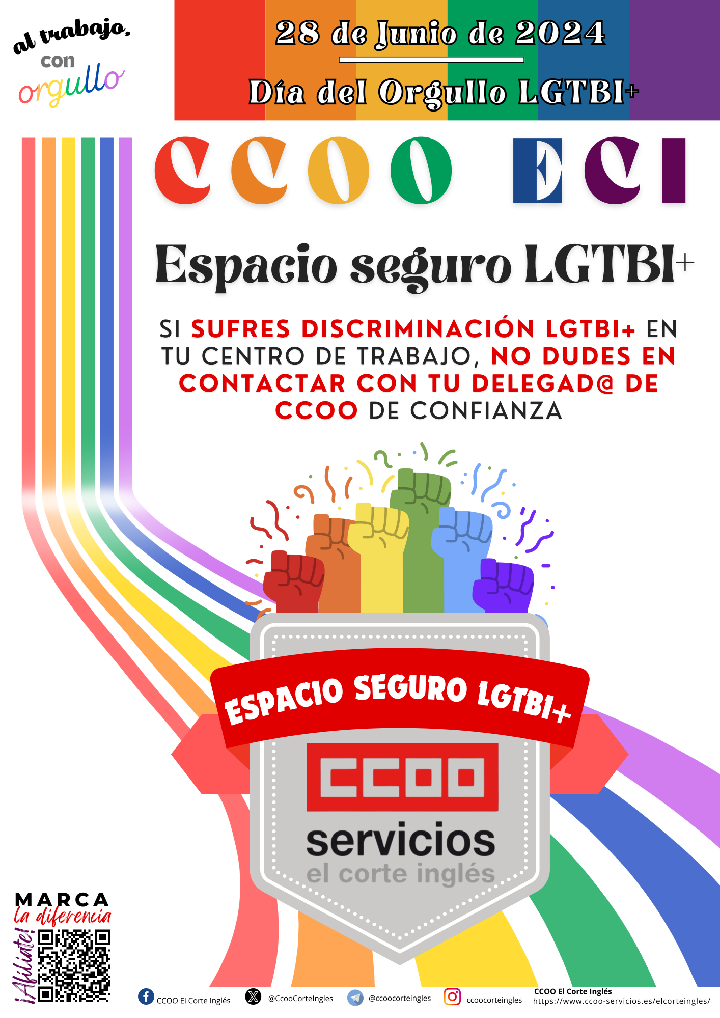 CCOO ECI EL CORTE INGLÉS 28 DE JUNIO DIA INTERNACIONAL DEL ORGULLO LGTBI+ CCOO ECI ESPACIO SEGURO LGTBI+