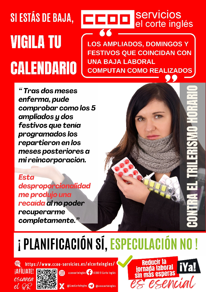 CCOO ECI SISTEMA DE HORARIOS DESPROPORCIONALIDAD DOMINGOS Y FESTIVOS AMPLIADOS TRAS REINCORPORACIÓN DE UNA BAJA LOS DIAS DE IT SON DIAS DE TRABAJO EFECTIVO