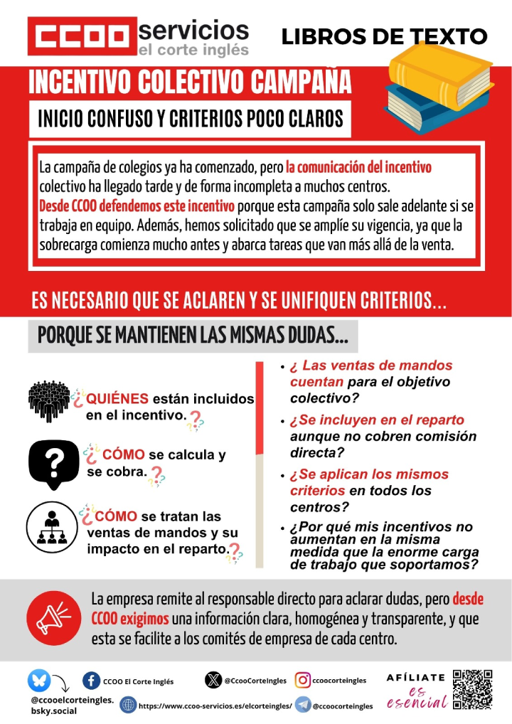 CCOO ECI SISTEMA DE INCENTIVOS COMISIONES TRONCALES EN LA CAMPAÑA DE COLEGIOS LIBROS DE TEXTO