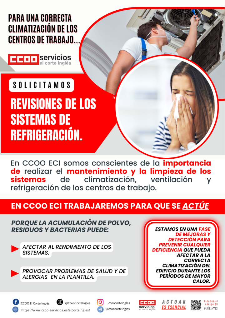 CCOO ECI EL CORTE INGLÉS SEGURIDAD Y SALUD LABORAL CAMPAÑA CALOR VERANO REVISIÓN Y LIMPIEZA DE LOS SISTEMAS DE CLIMATIZACIÓN Y VENTILACIÓN