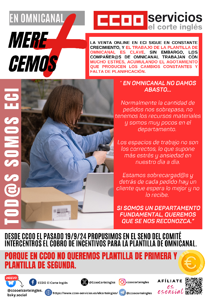 CCOO ECI COMISIONES OBRERAS EL CORTE INGLÉS NO QUEREMOS PLANTILLA DE PRIMERA Y PLANTILLA DE SEGUNDA EN OMNICANAL MERECEMOS INCENTIVOS VENTA ON-LINE VENTA INTERNET