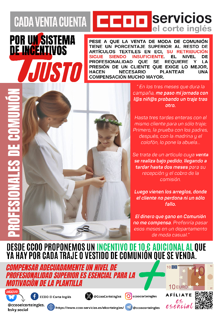 CCOO ECI COMISIONES OBRERAS EL CORTE INGLÉS PROFESIONALES DE COMUNIÓN INCENTIVO ADICIONAL DE 10? AL QUE YA EXISTE POR CADA TRAJE O VESTIDO DE COMUNIÓN QUE SE VENDA