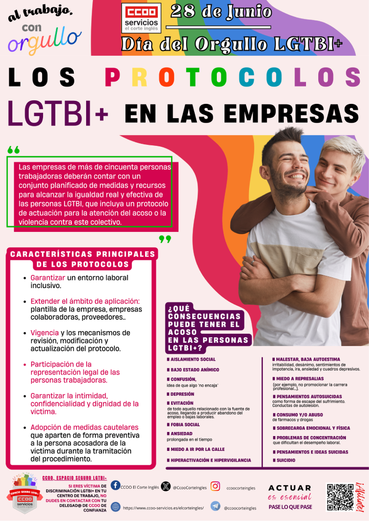 CCOO ECI EL CORTE INGLÉS 28 DE JUNIO: DÍA INTERNACIONAL DEL ORGULLO LETBI+ MES DEL ORGULLO LOS PROTOCOLOS LGTBI+ EN LAS EMPRESAS