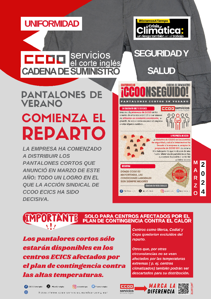CCOO ECICS CADE DE SUMINISTRO  UNIFORMIDAD DE VERANO PANTALONES CORTOS COMIENZA EL REPARTO