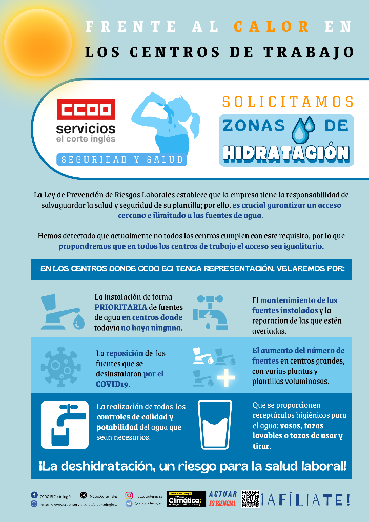 CCOO ECI EL CORTE INGLÉS ACCESO AL AGUA POTABLE PLANTILLA CALOR EN LOS CENTROS DE TRABAJO TEMPORADA DE VERANO 2024 FRENTE AL CALOR EN LOS CENTROS DE TRABAJO SOLICITAMOS ZONAS DE HIDRATACIÓN