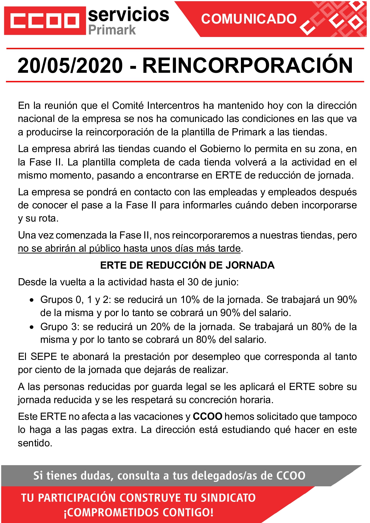 Condiciones de reincorporación para las tiendas Primark.