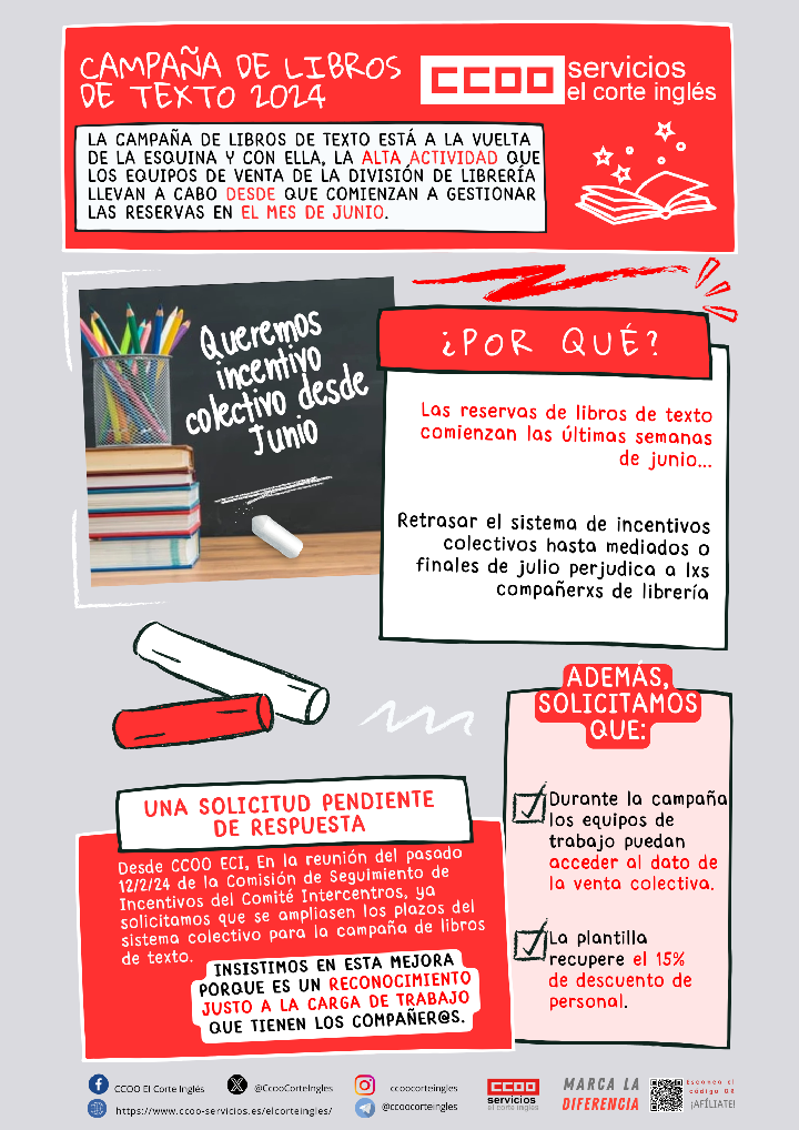 CCOO EL CORTE INGLÉS CAMPAÑA DE LIBROS DE TEXTO 2024 QUEREMOS INCENTIVO COLECTIVO DESDE JUNIO RECUPERAR DESCUENTO DEL 15% DE PERSONAL EN LIBROS DE TEXTO SOLICITAMOS PODER VER EL DATO DE LA VENTA COLECTIVA