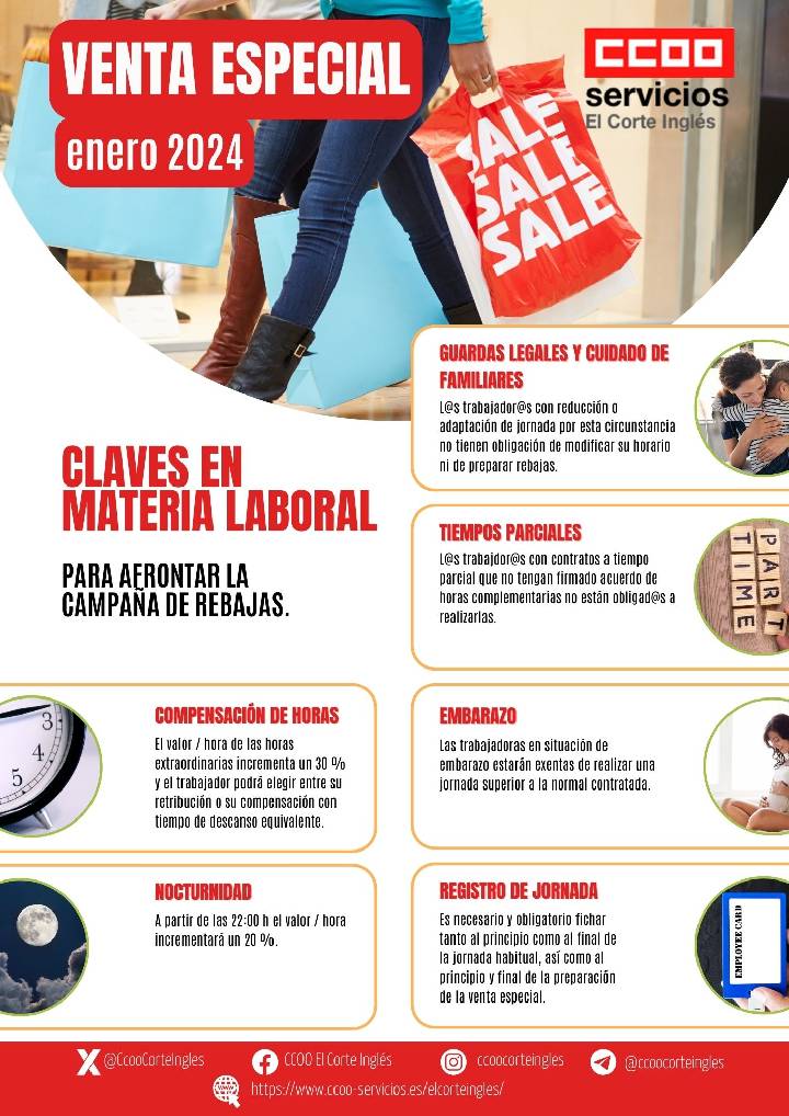 VENTA ESPECIAL REBAJAS ENERO 2024 CCOO ECI EL CORTE INGLES CLAVES EN MATERIA LABORAL ASPECTOS A TENER EN CUANTA